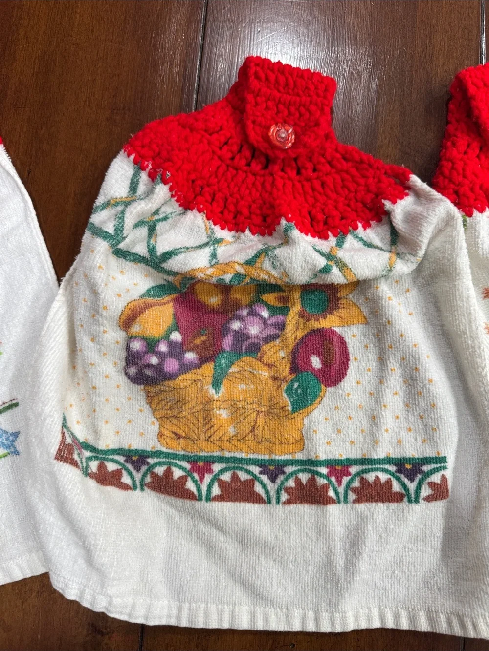 Set of 3 Hanging Kitchen Dish Towels Hand Crochet Button Topper Cottagecore